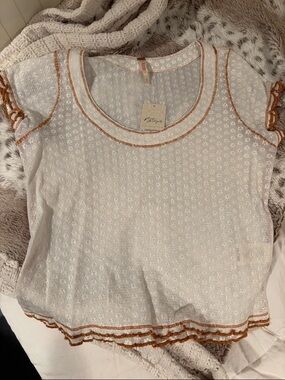 Free People White Eyelet Short Sleeve Top with Rust Trim
